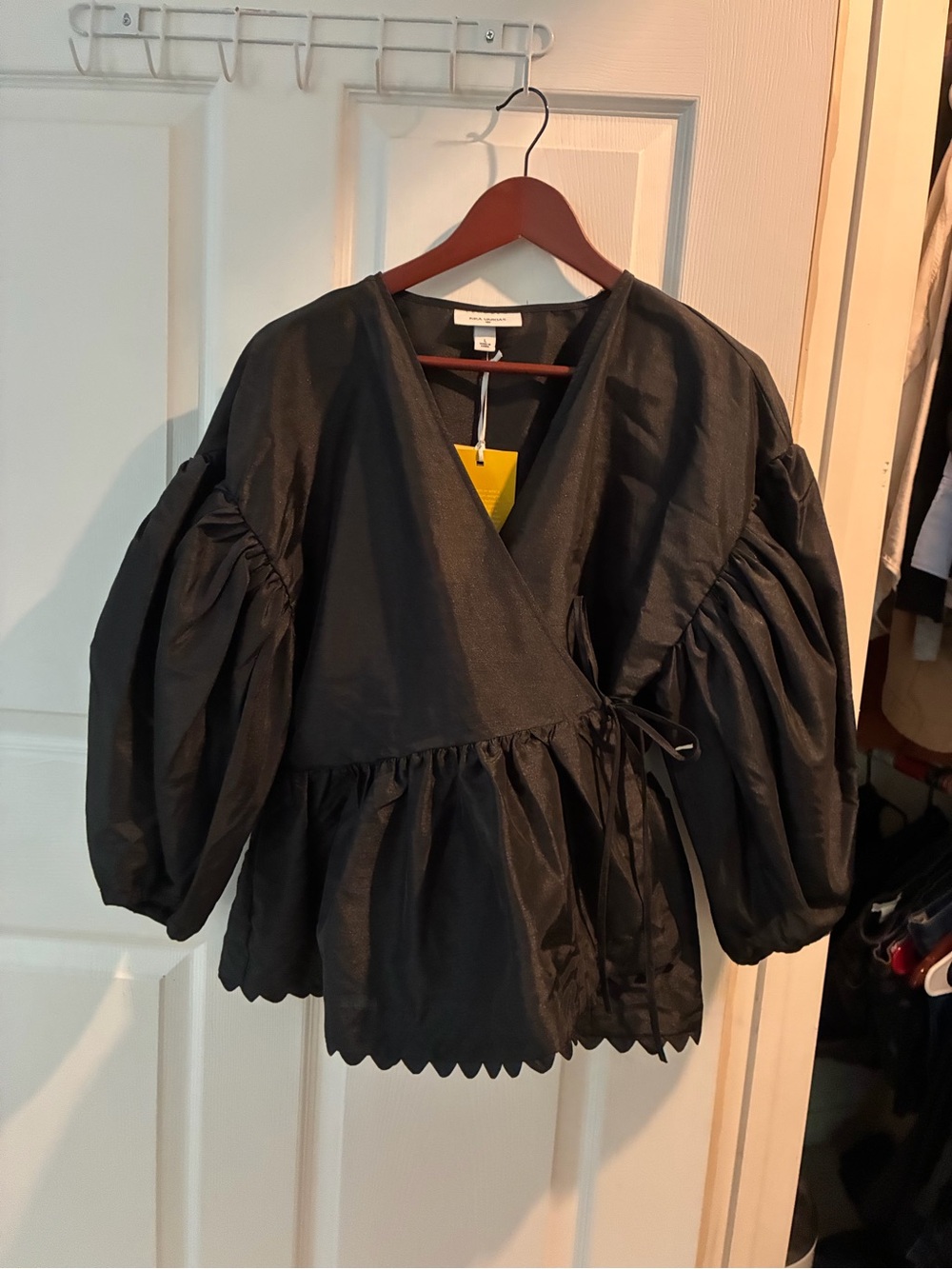 Kika Vargas Black Puff-Sleeve Wrap Top with Scalloped Hem